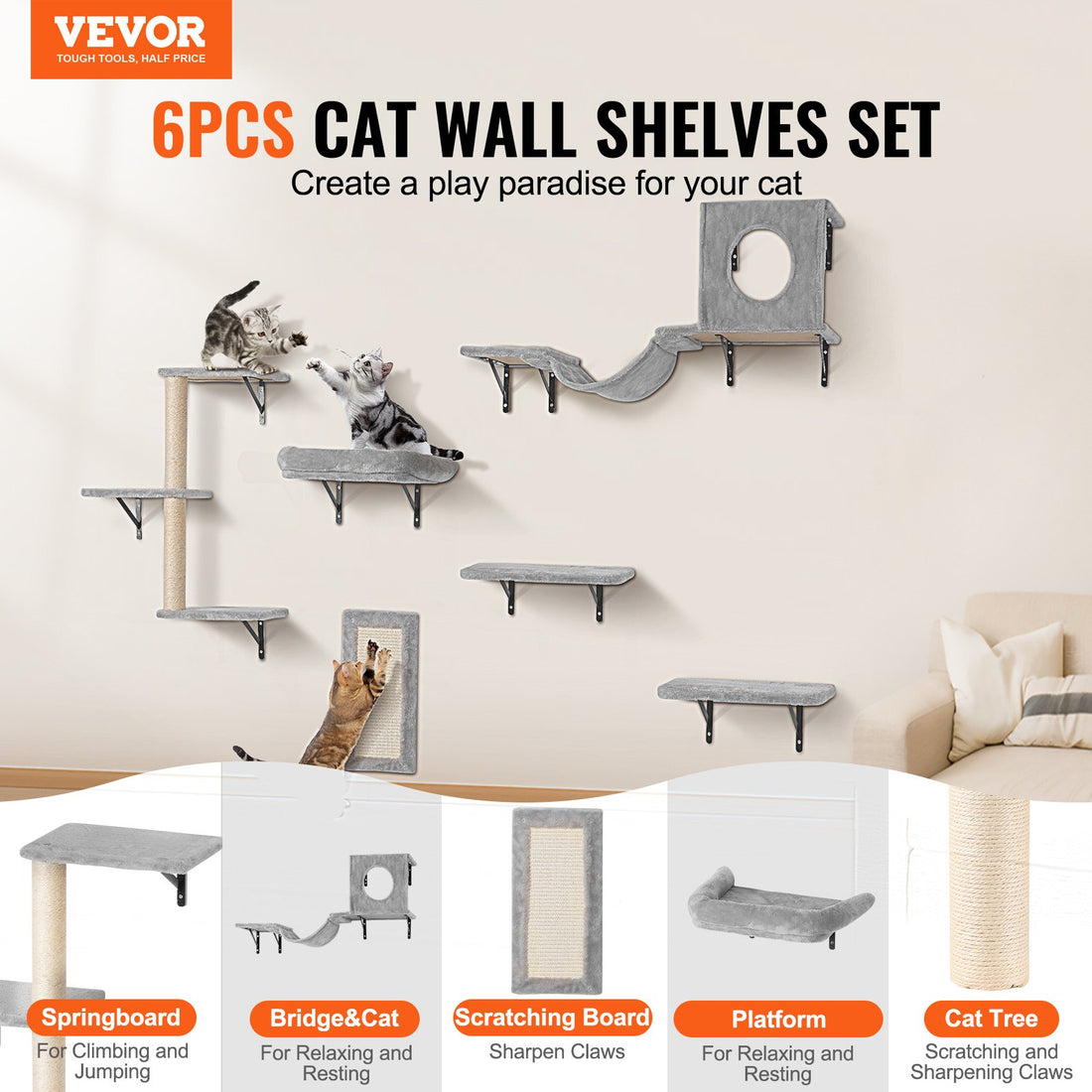6-Piece Wall-Mounted Cat Climbing Set – Perches, Hammock & Sisal Scratcher | Pawora