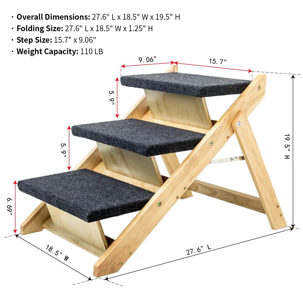 Foldable Wooden Dog Stairs & Ramp – 3-Step Pet Ramp up to 110 lb | Pawora