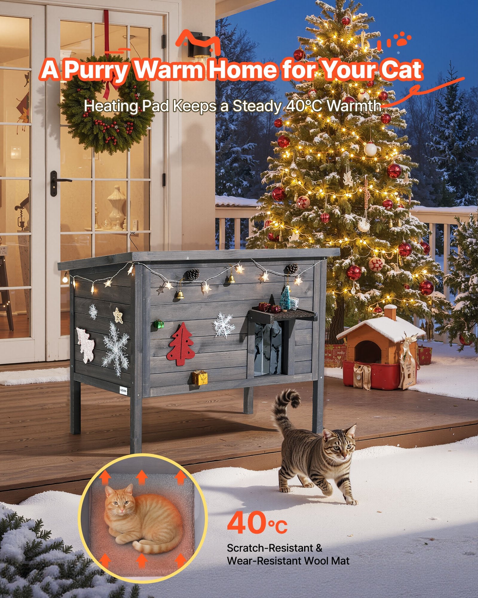 Heated Outdoor Cat House with 30W Heating Pad – Insulated Wooden Shelter | Pawora