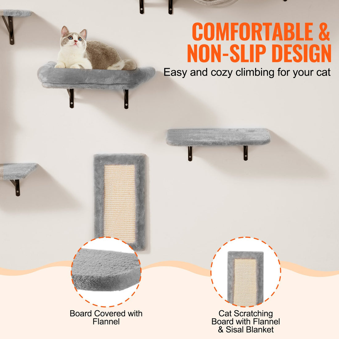 6-Piece Wall-Mounted Cat Climbing Set – Perches, Hammock & Sisal Scratcher | Pawora