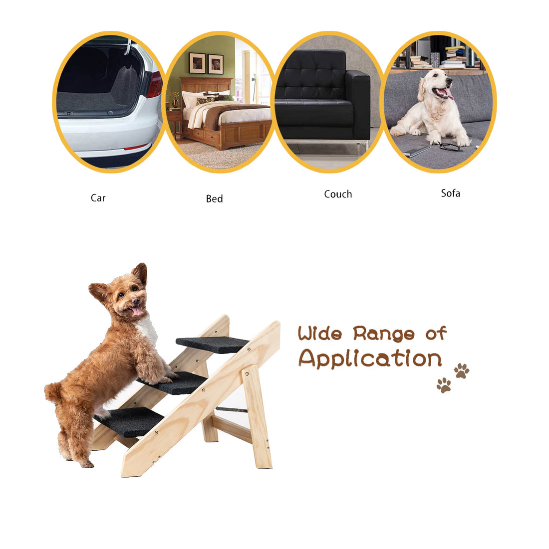 Foldable Wooden Dog Stairs & Ramp – 3-Step Pet Ramp up to 110 lb | Pawora