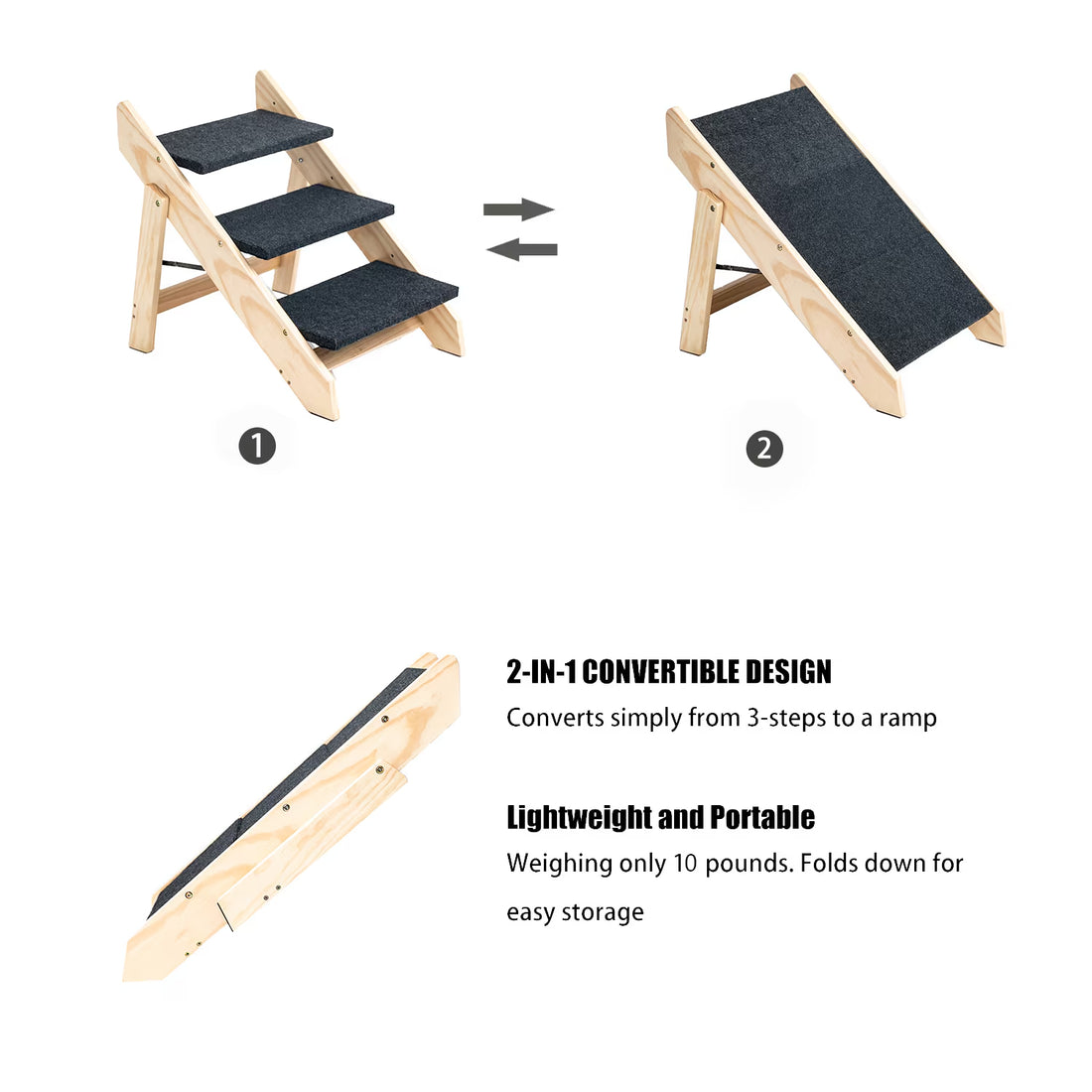 Foldable Wooden Dog Stairs & Ramp – 3-Step Pet Ramp up to 110 lb | Pawora