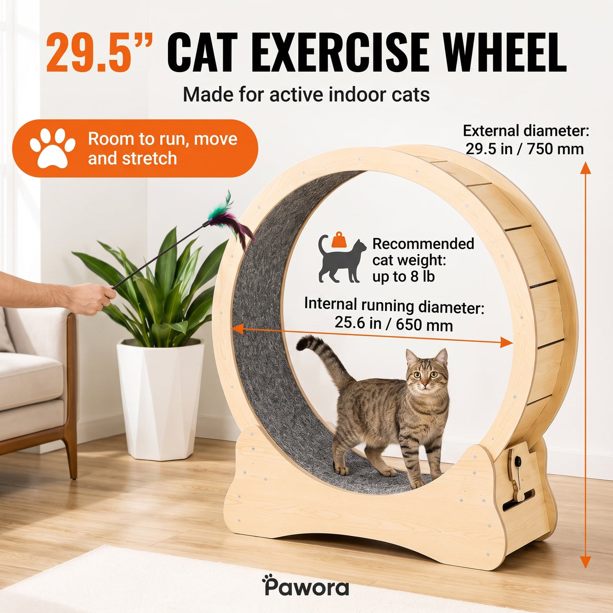 29.5-Inch Cat Exercise Wheel – Indoor Running Wheel for Cats up to 8 lb | Pawora