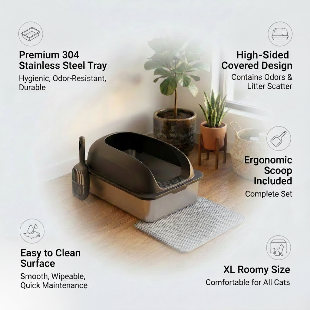 XL Stainless Steel Cat Litter Box Set Premium | Pawora
