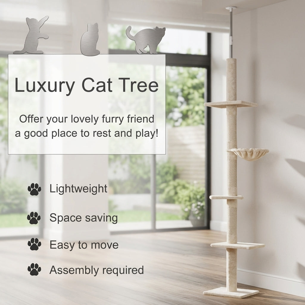 102-Inch Floor-to-Ceiling Cat Tree – 5-Level Sisal Climbing Tower | Pawora