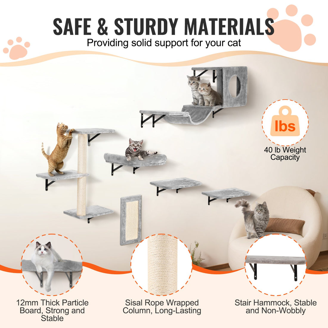 6-Piece Wall-Mounted Cat Climbing Set – Perches, Hammock & Sisal Scratcher | Pawora