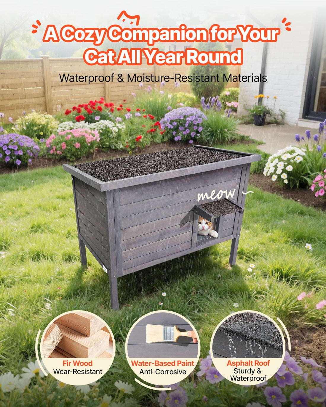 Heated Outdoor Cat House with 30W Heating Pad – Insulated Wooden Shelter | Pawora