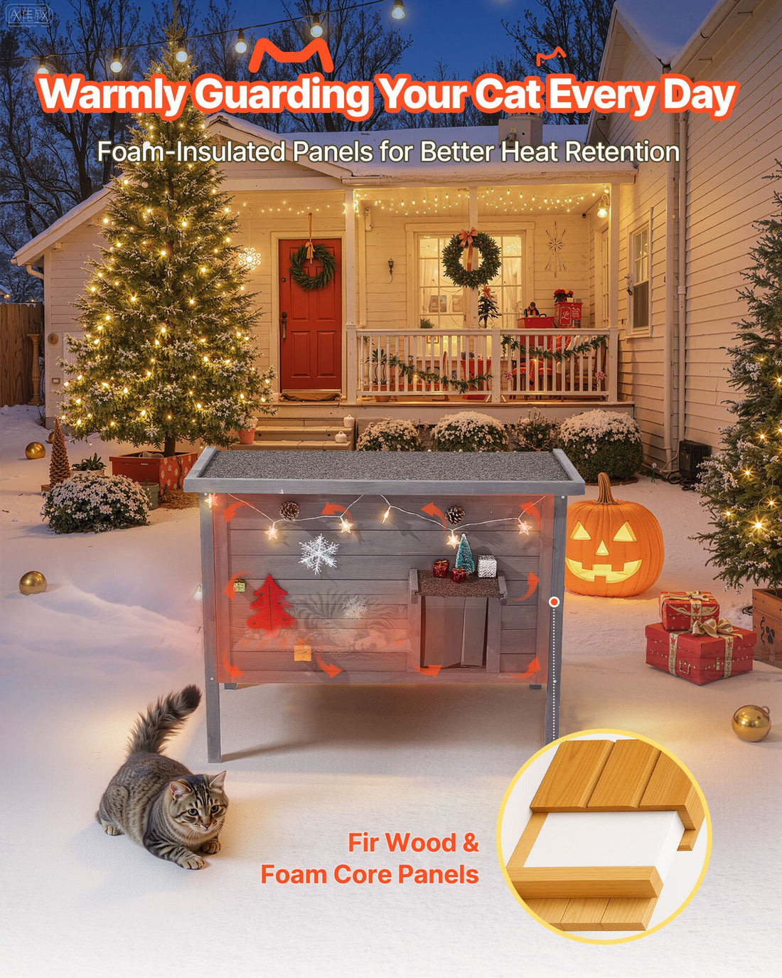 Heated Outdoor Cat House with 30W Heating Pad – Insulated Wooden Shelter | Pawora