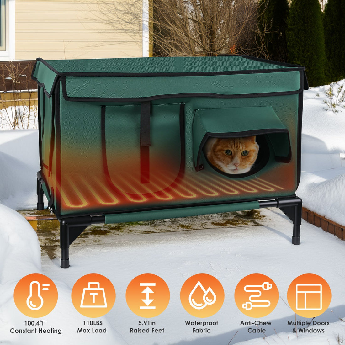 Heated Insulated Outdoor Cat House with Pad – 2-Door Cat Shelter | Pawora